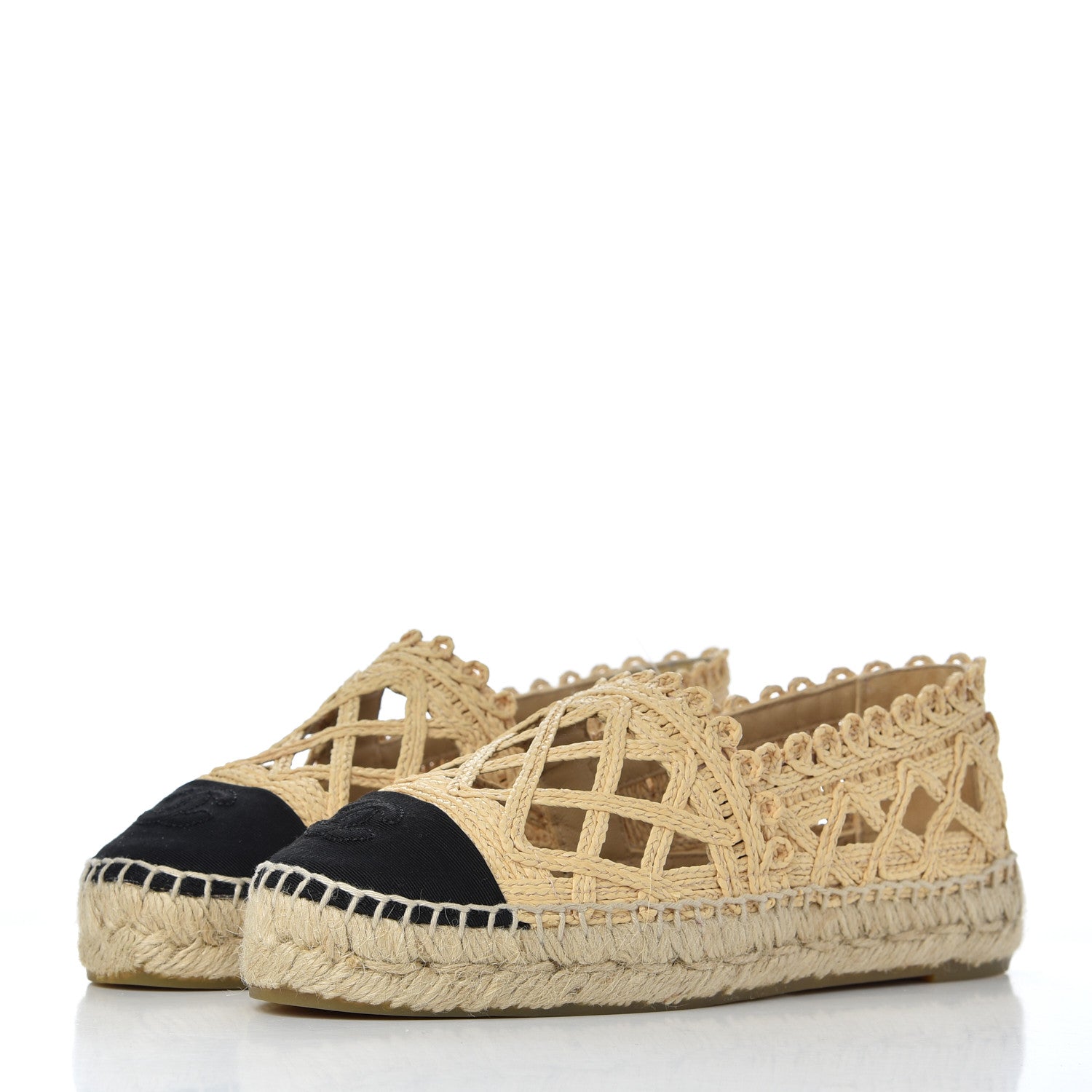 Chanel Woven Fabric Grosgrain CC Espadrilles 35 Beige Black 3 of 10
