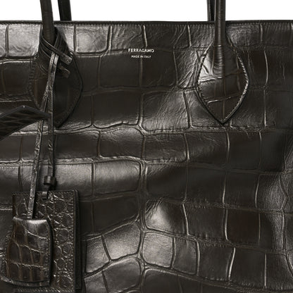 Salvatore Ferragamo Calfskin Crocodile Embossed Large Star Tote Brown 6 of 8