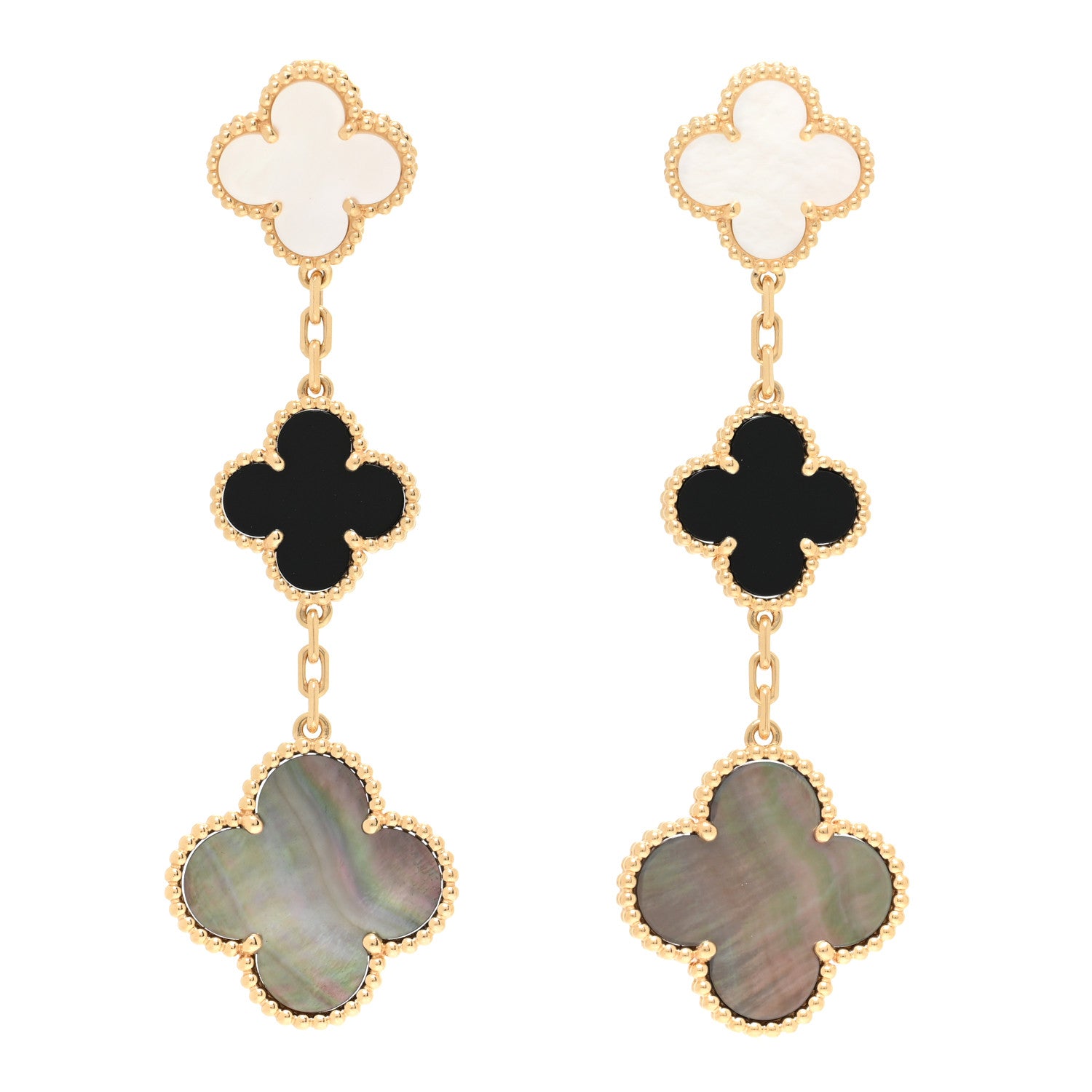 Van Cleef & Arpels 18K Yellow Gold Mother of Pearl Black Onyx 3 Motifs Magic Alhambra Earrings 1 of 4