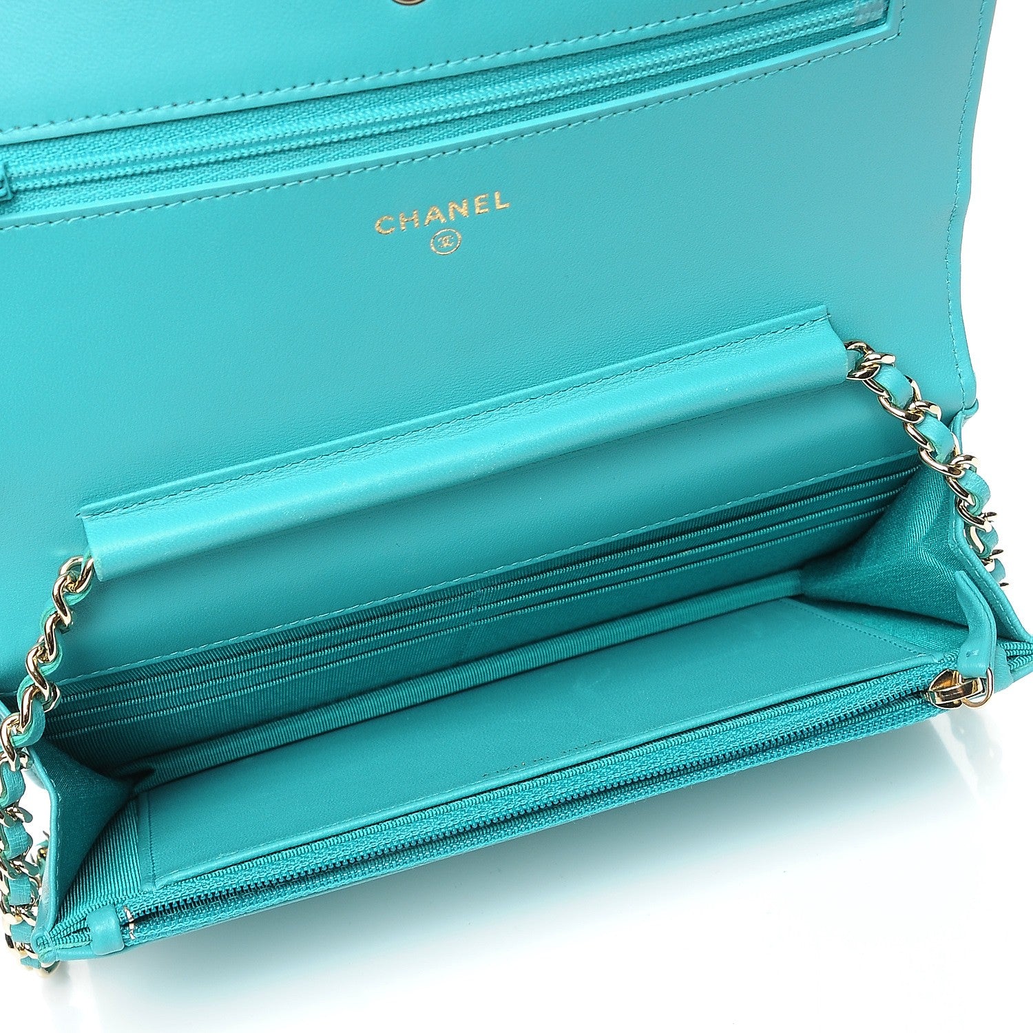 Chanel Lambskin Chevron Wallet On Chain WOC Turquoise 5 of 9