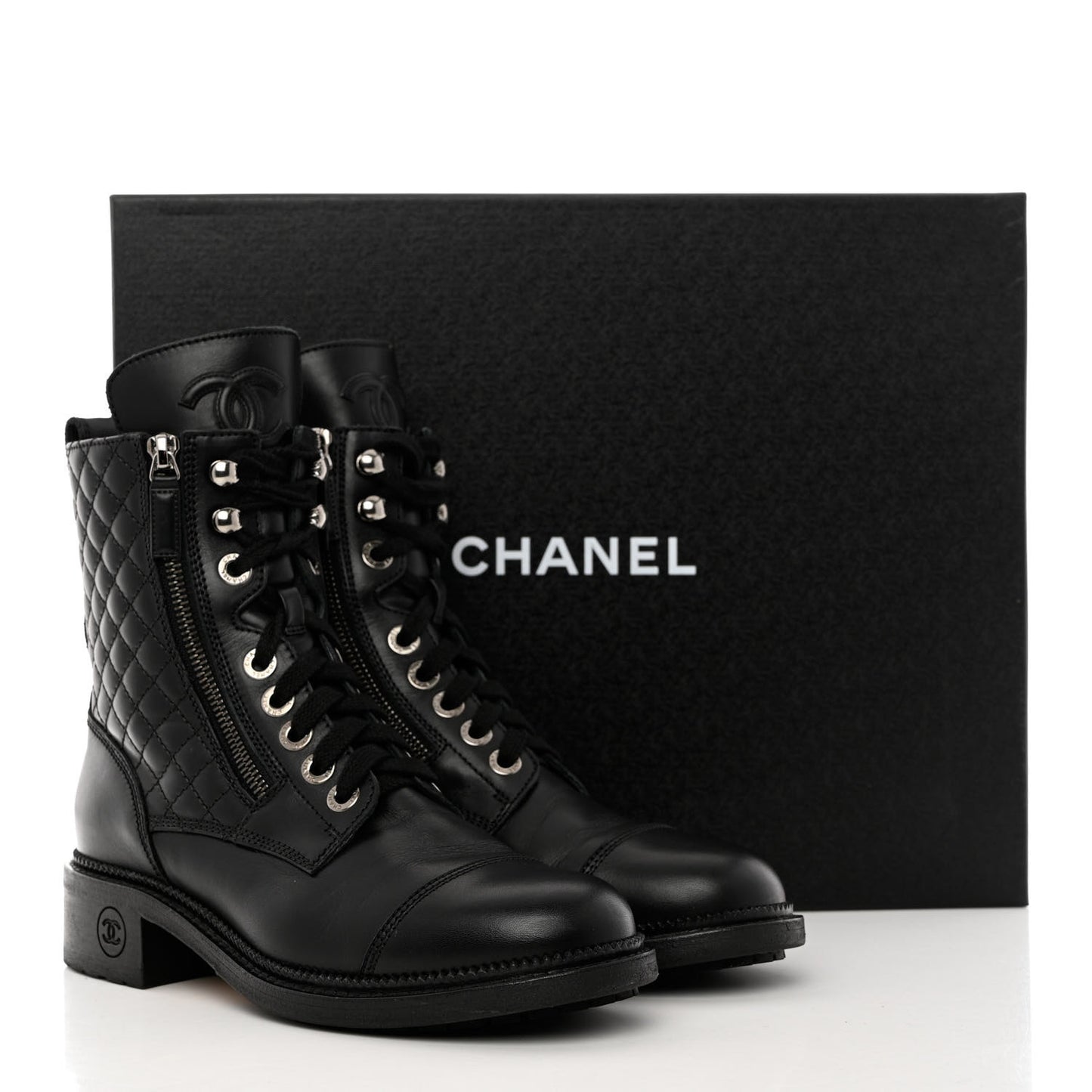 Calfskin Quilted Lace Up Combat Boots 38 Black