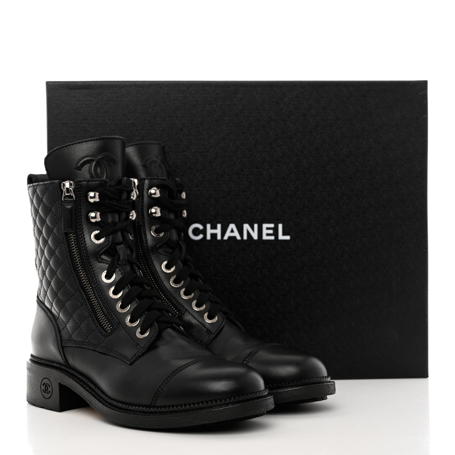 Chanel Calfskin Quilted Lace Up Combat Boots 38 Black 9 of 9