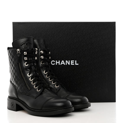 Chanel Calfskin Quilted Lace Up Combat Boots 38 Black 9 of 9