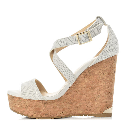 Jimmy Choo Nubuck Embossed Cork Portia 120 Wedge Sandals 37 Latte 1 of 10