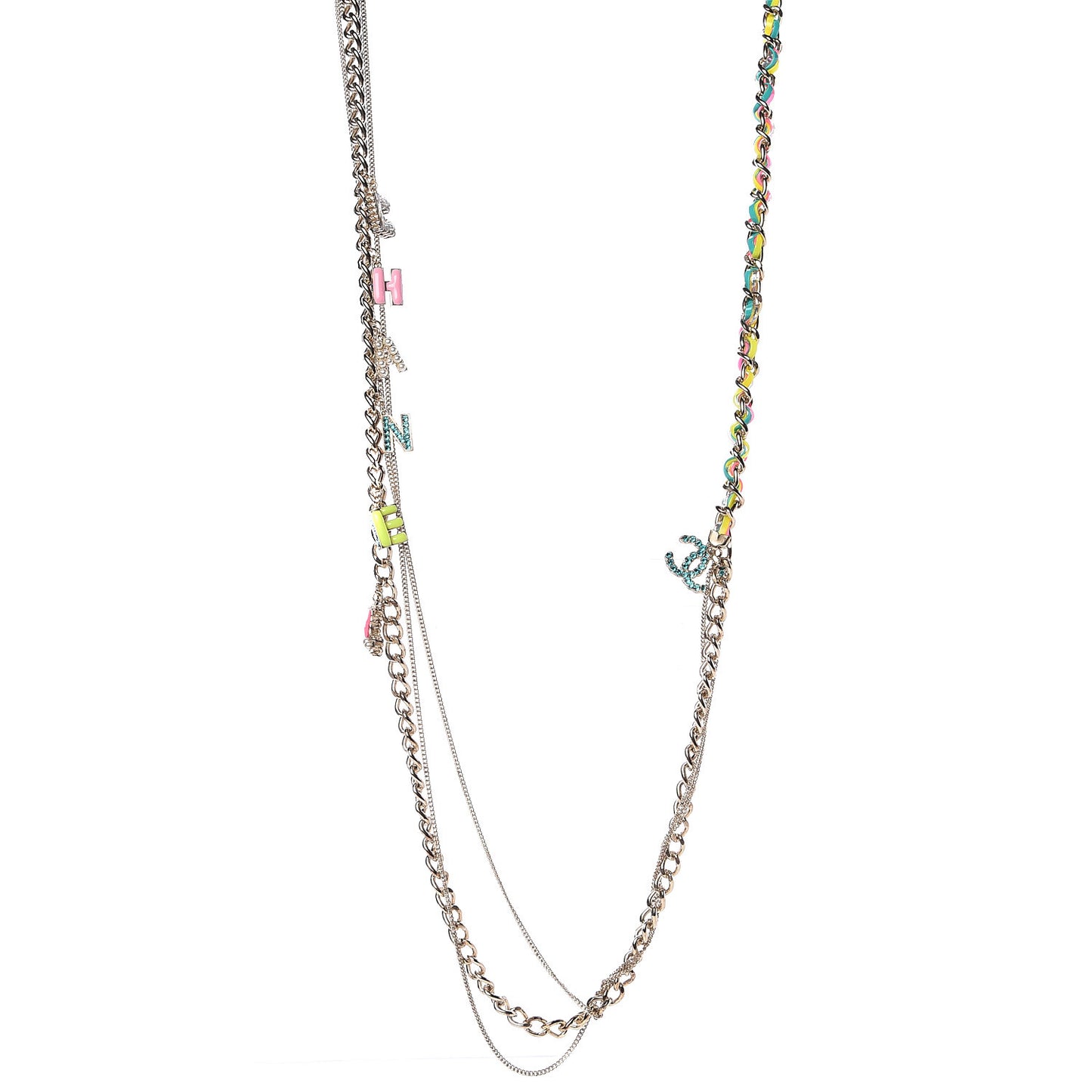 Crystal Enamel Pearl CC Logo Chain Long Necklace Gold Multicolor