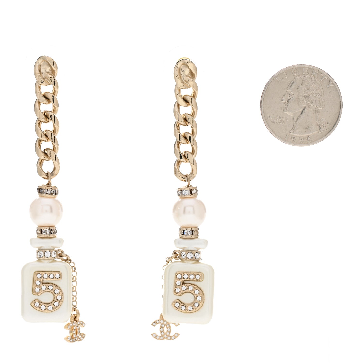 Chanel Pearl Resin Crystal CC No 5 Perfume Bottle Chain Drop Earrings Gold Pearly White 2 of 5