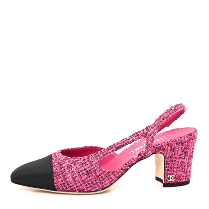 Chanel Tweed Grosgrain Cap Toe CC Slingback Pumps 39 Pink Black 1 of 10