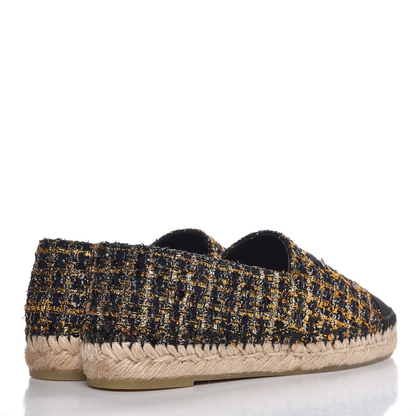Metallic Tweed Sequin Grosgrain CC Espadrilles 37 Black Gold