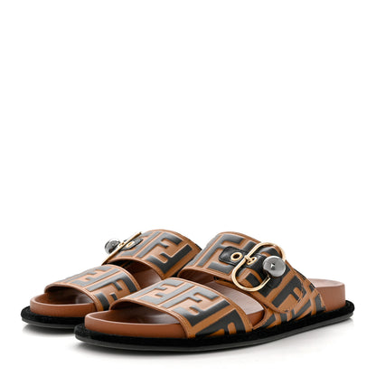 Fendi Calfskin FF Embossed Pearland Slide Sandals 35 Tobacco Moro 3 of 9