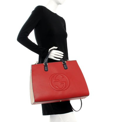 Gucci Dollar Calfskin Large Soho Top Handle Satchel Hibiscus Red Mystic White Blue 3 of 10
