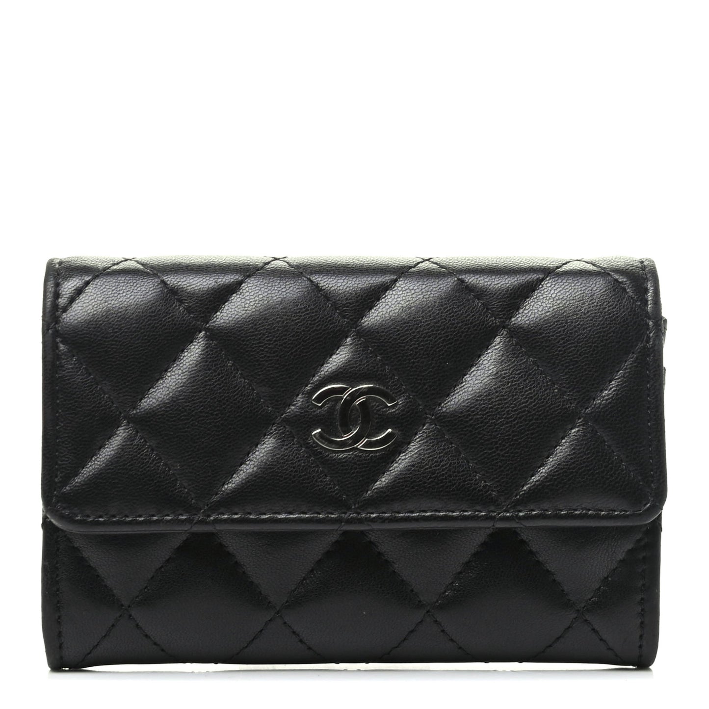 Lambskin Quilted Flap Card Holder Black