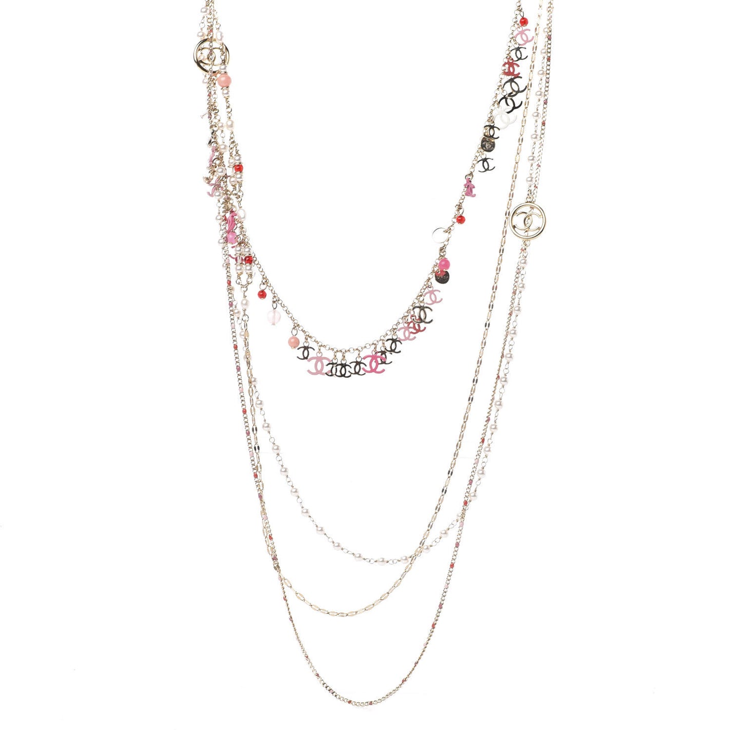 Bead Pearl CC Charm Multistrand Necklace Gold　