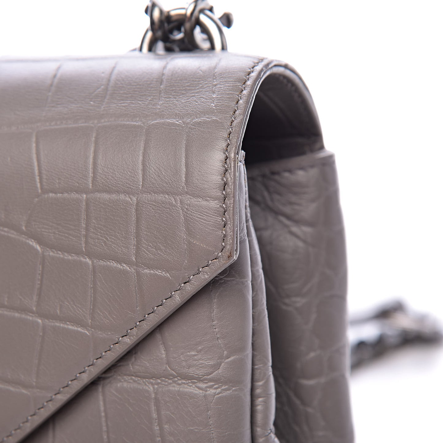 Calfskin Crocodile Embossed Medium College Monogram Satchel Gray