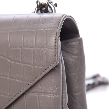 Saint Laurent Calfskin Crocodile Embossed Medium College Monogram Satchel Gray 10 of 15