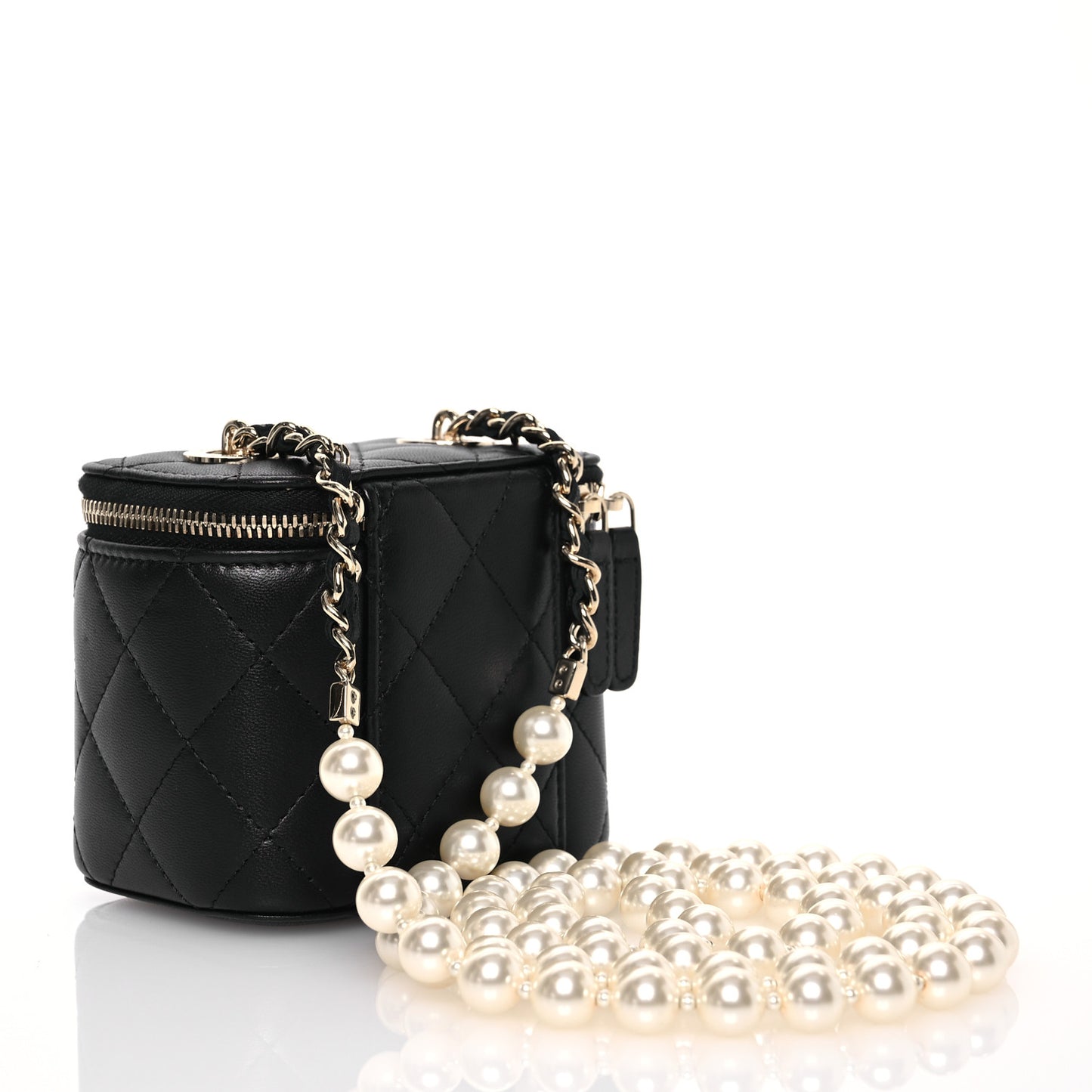 Lambskin Quilted Mini Vanity Case With Pearl Chain Black