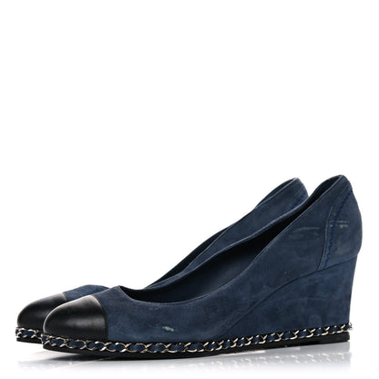 Chanel Suede Lambskin Cap Toe Chain Wedge Pumps 39 Blue 3 of 17