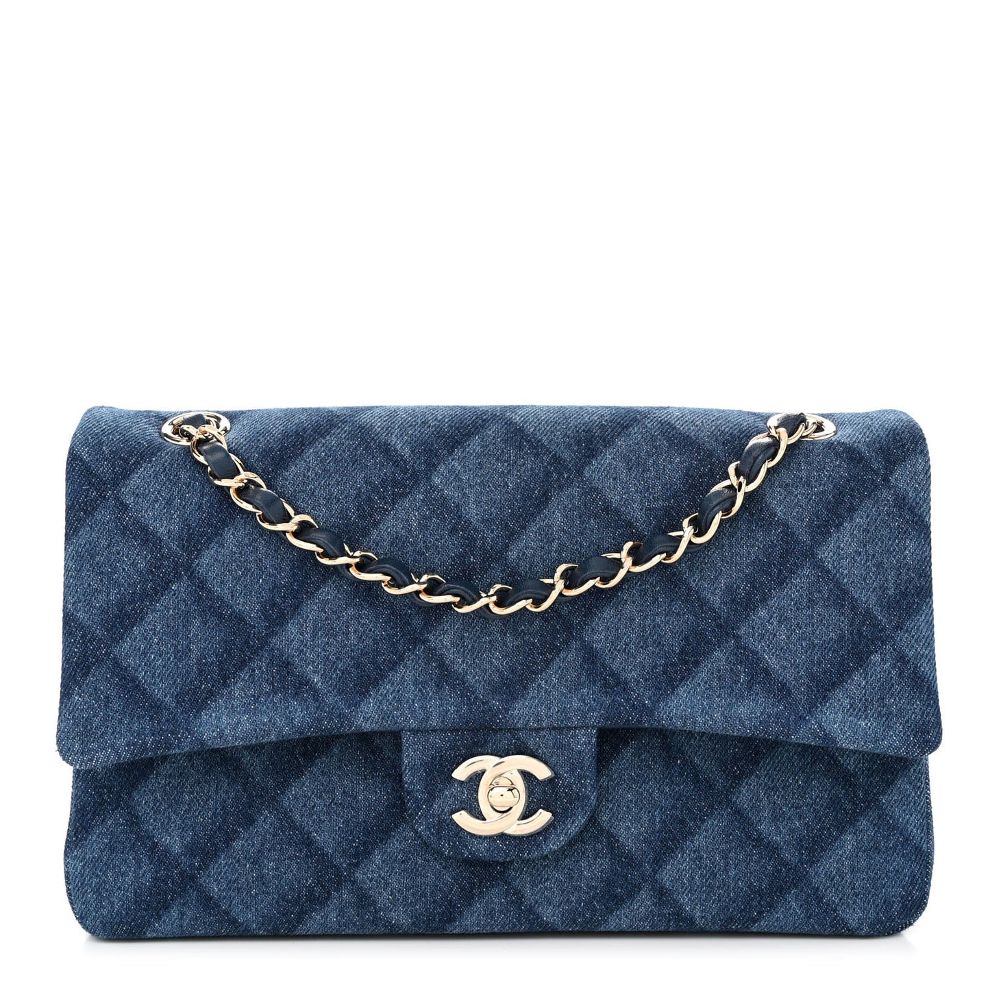 Printed Denim Quilted Medium Double Flap Dark Blue