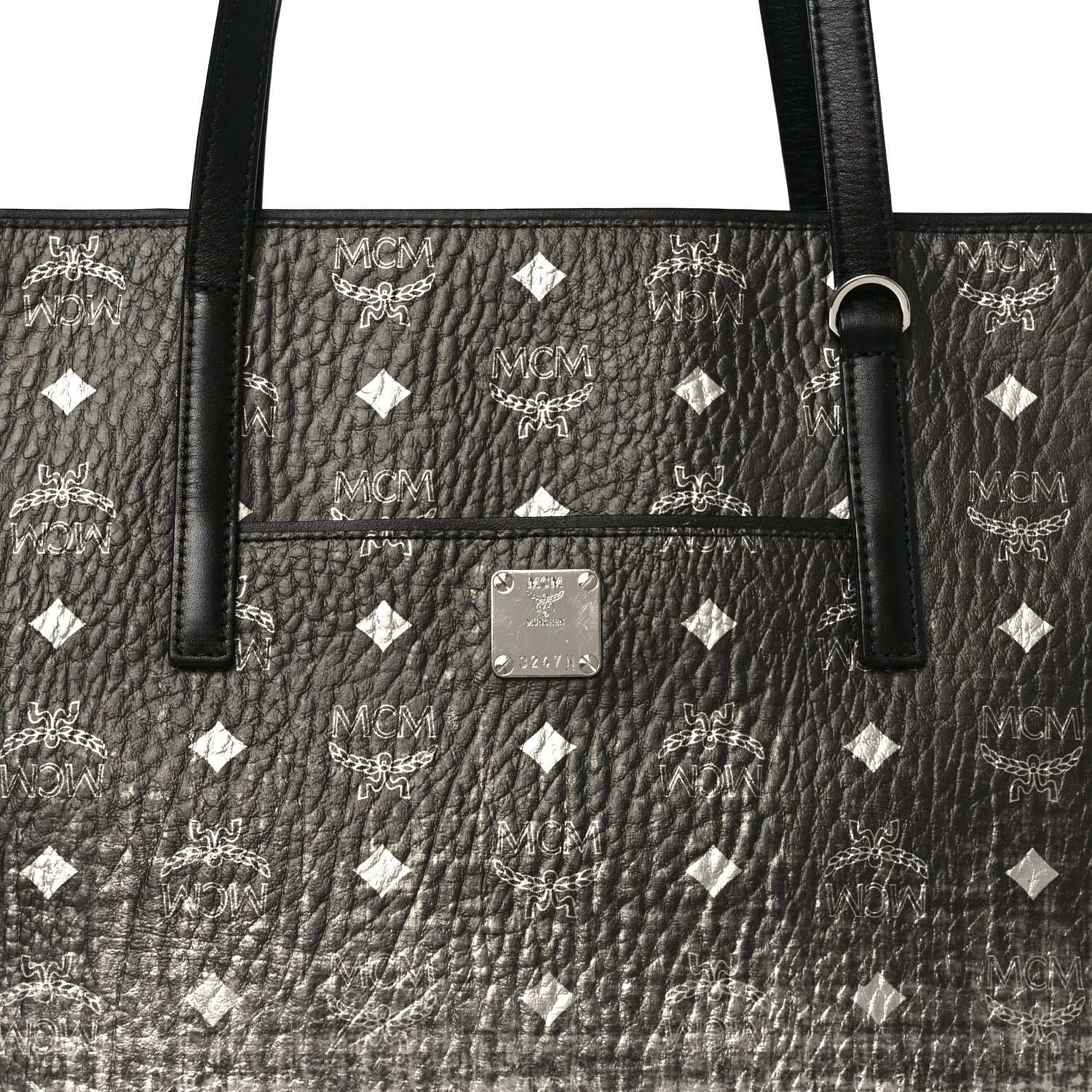 MCM Visetos Anya Zip Top Shopper Tote Black Silver 1868435