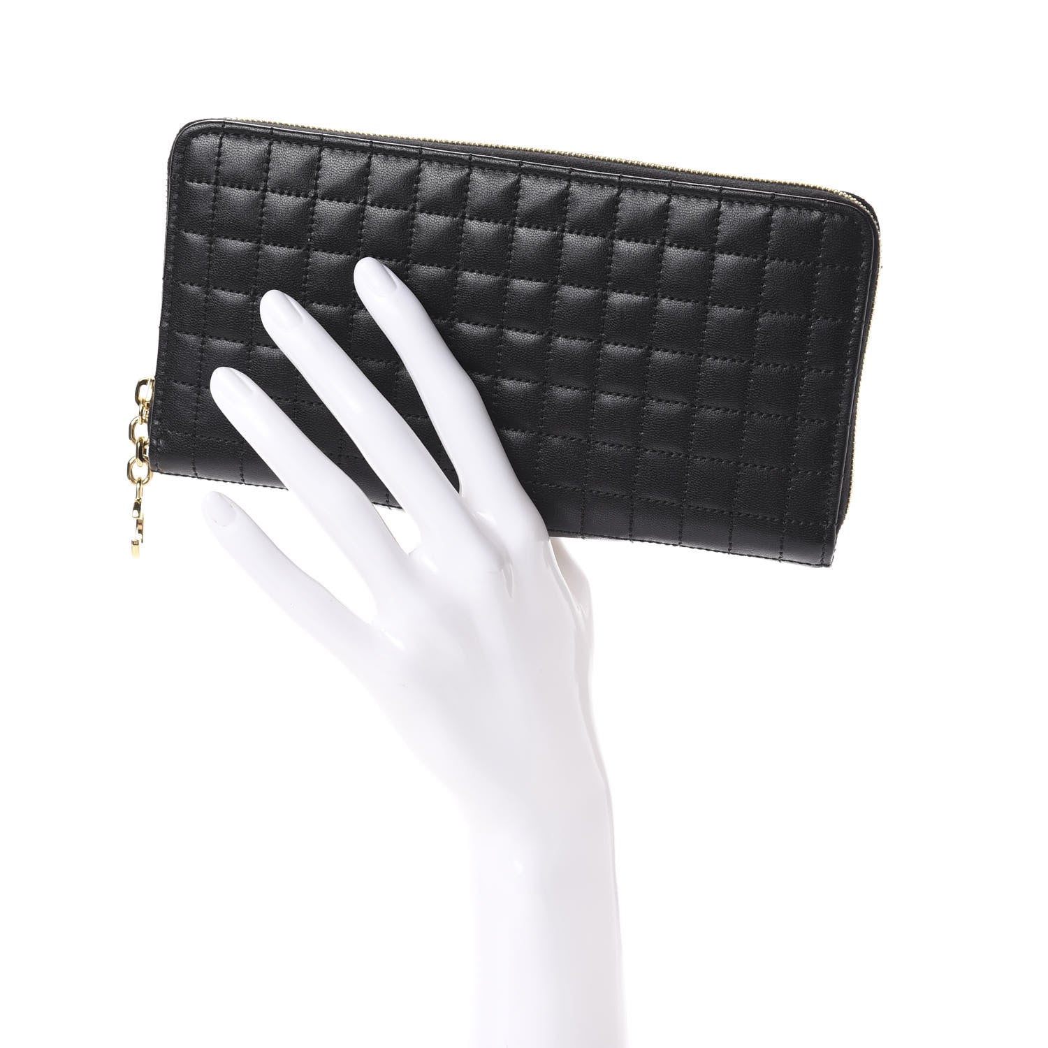 Celine Lambskin Quilted Large C Charm Zip Around Wallet Black 2 of 6