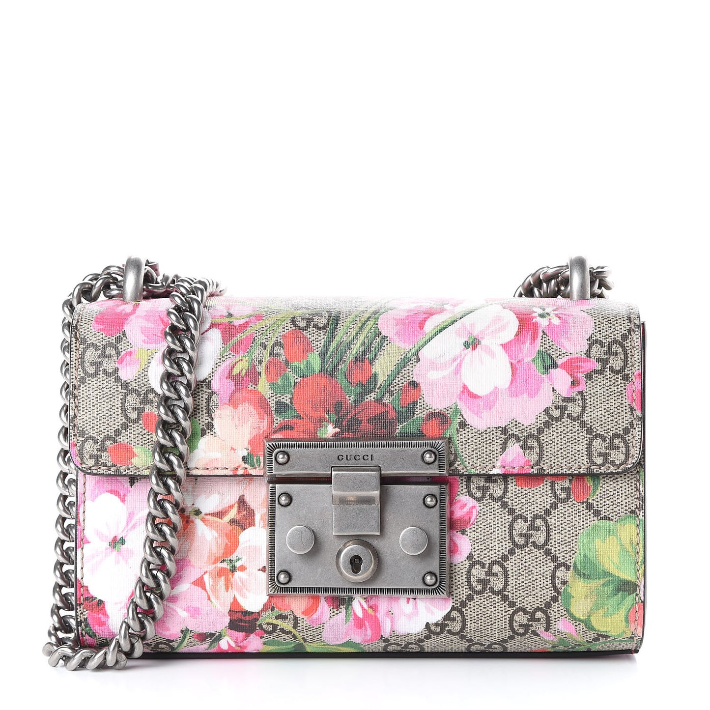 GG Supreme Monogram Blooms Small Padlock Shoulder Bag Beige Multicolor Dry Rose