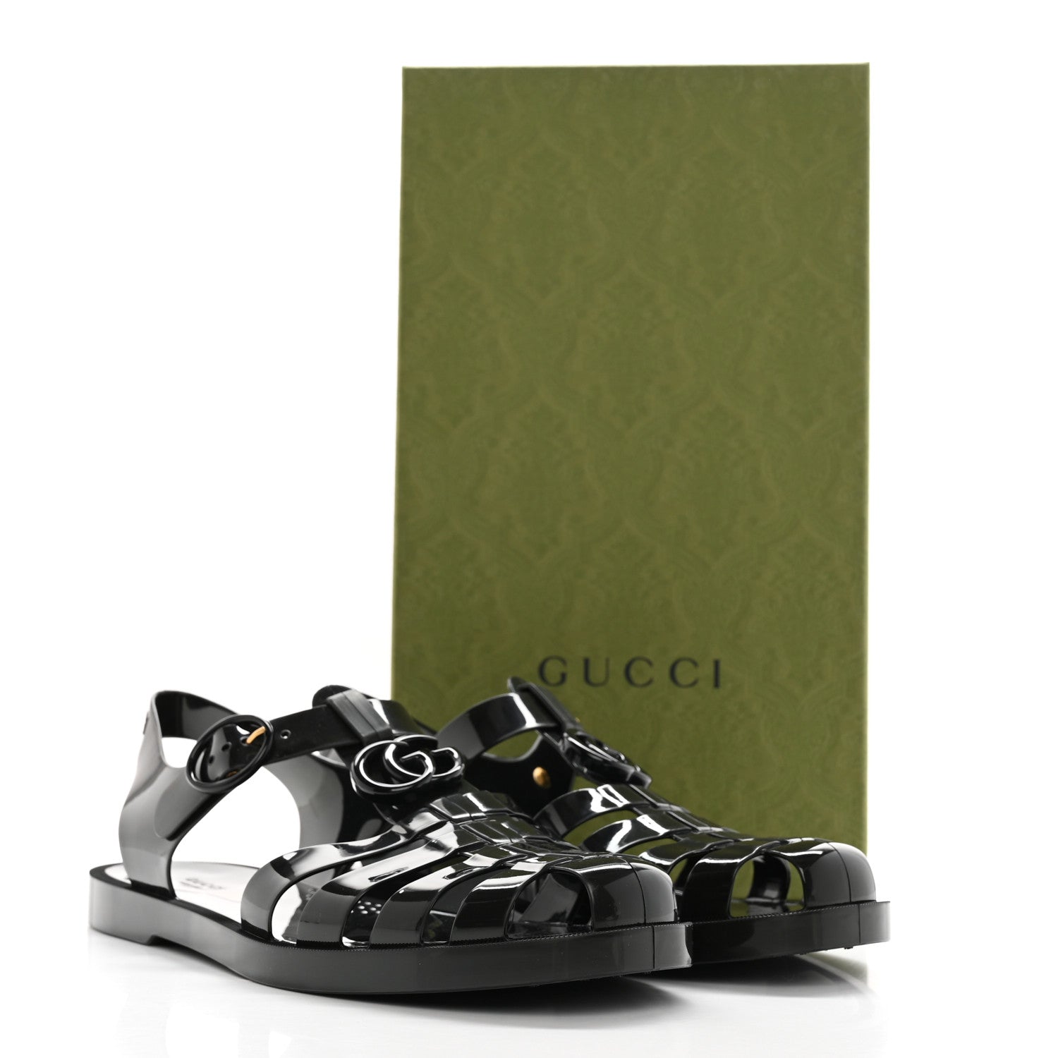 Gucci Shiny Rubber Double G Buckle Strap Sandals 10 Black 14 of 14