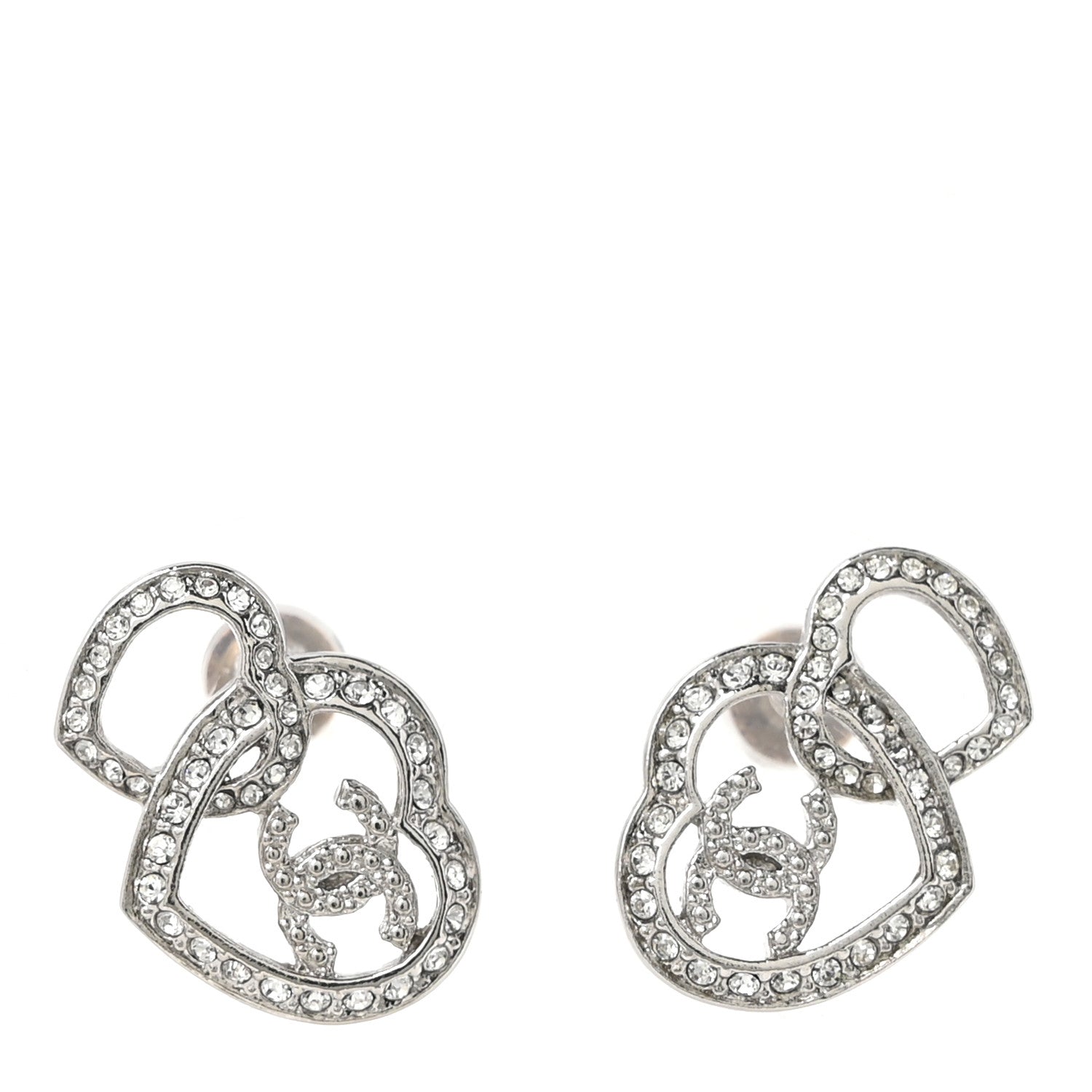 Chanel Crystal CC Heart Earrings Silver 1 of 5