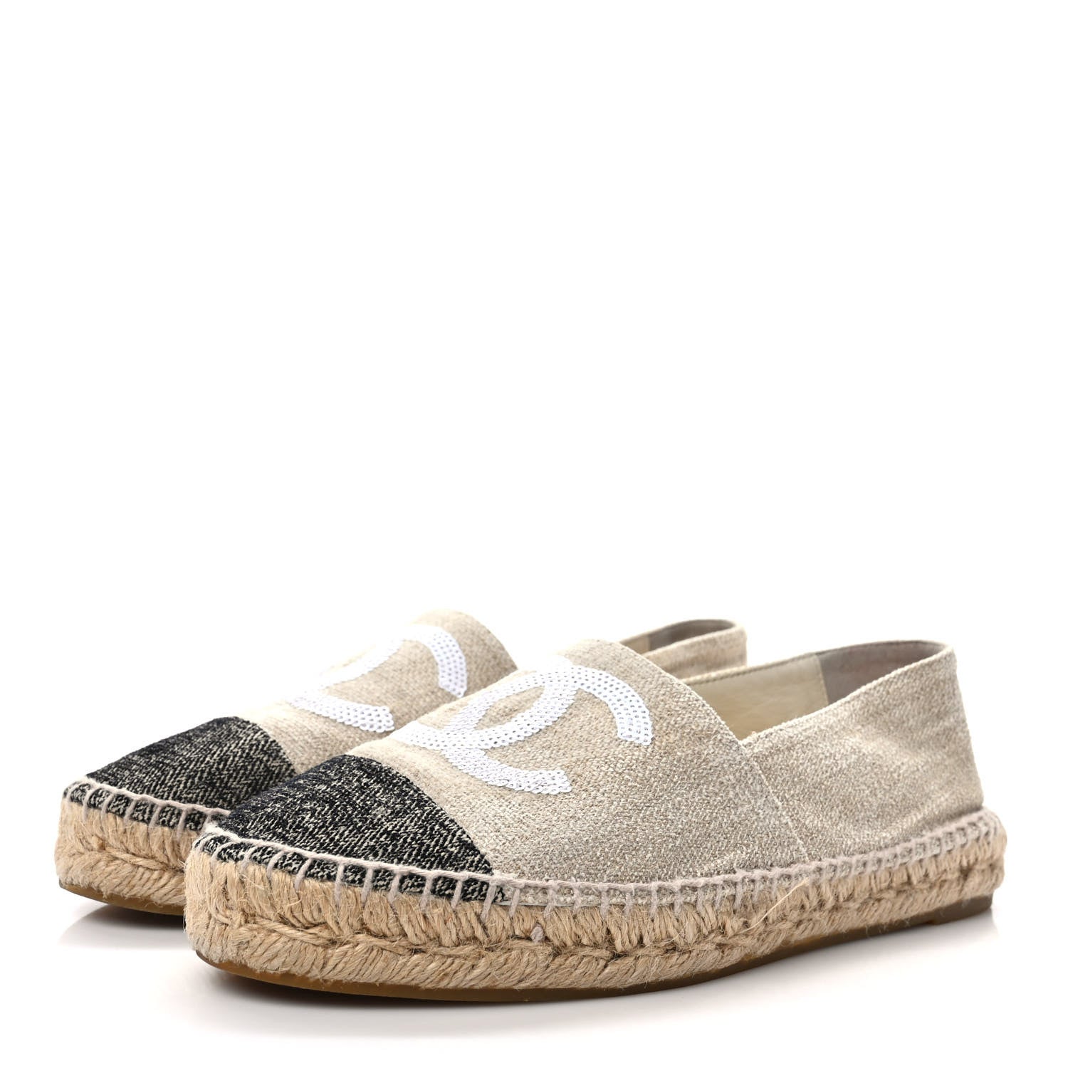 Chanel Toile Sequin CC Espadrilles 39 Beige Black 3 of 8