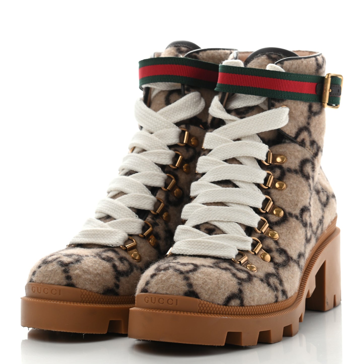 Covered Wool Big GG Monogram Womens Lace Up Combat Ankle Boots 37 Beige Ebony Cocoa
