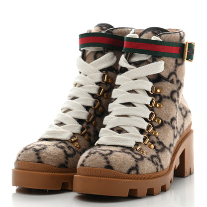 Gucci Covered Wool Big GG Monogram Womens Lace Up Combat Ankle Boots 37 Beige Ebony Cocoa 3 of 15