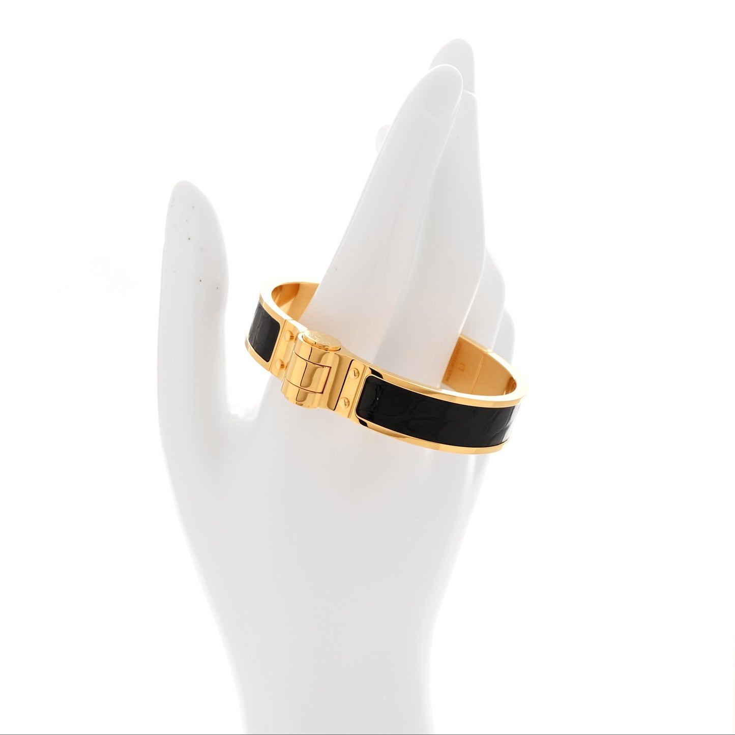Shiny Alligator Charniere Cuir Narrow Hinged Bracelet M Black