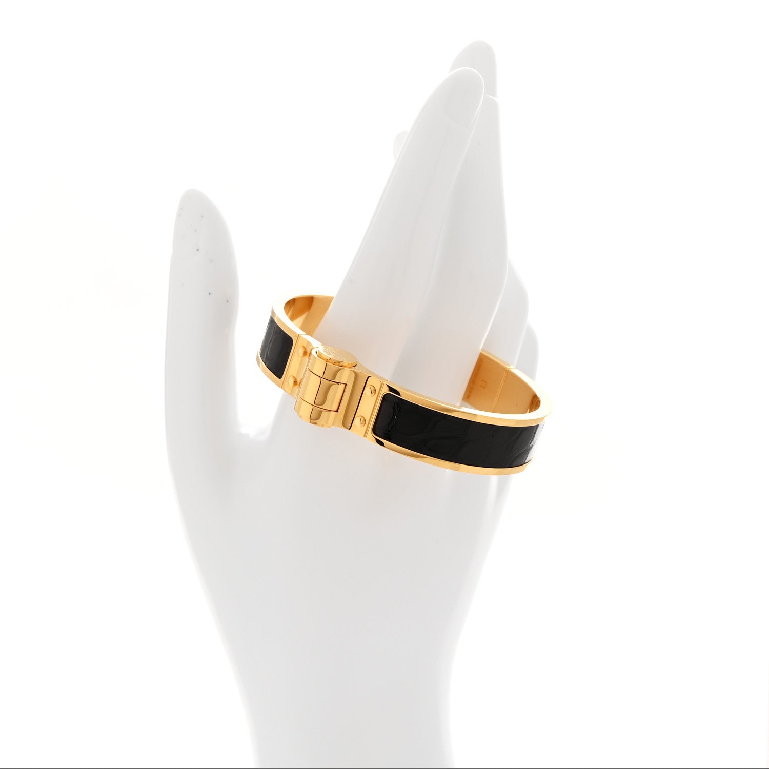 Hermes Shiny Alligator Charniere Cuir Narrow Hinged Bracelet M Black 2 of 4