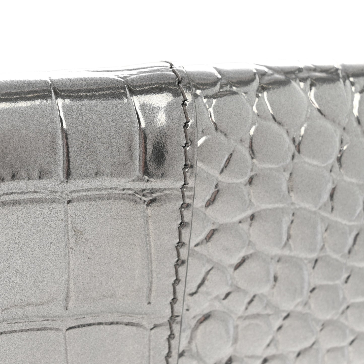 Metallic Calfskin Crocodile Embossed Hourglass Flap Flat Pouch Silver