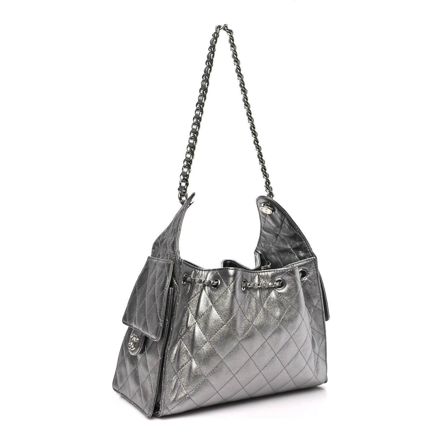 Metallic Caviar Quilted Small Chanel 25 Handbag Silver