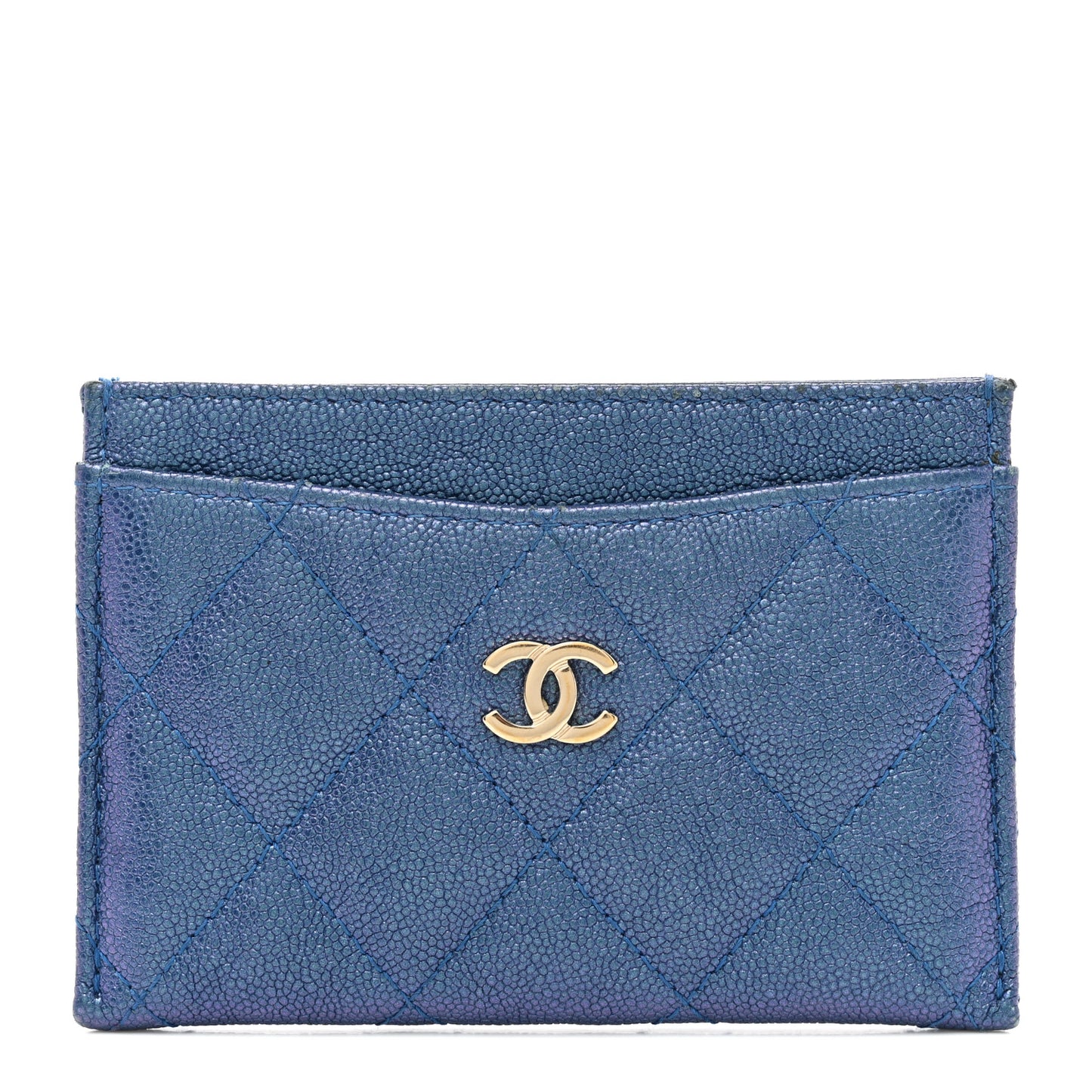 Iridescent Caviar Quilted Card Holder Dark Blue