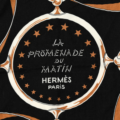 Hermes Cashmere Silk La Promenade du Matin Bandana Shawl 140 Black Noisette Gold 2 of 6