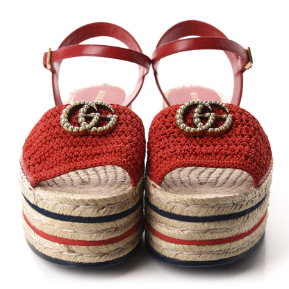 Gucci Cotton Malaga Kid Crochet Pearly GG Lilibeth Espadrille Platform Sandals 38 Hibiscus Red 2 of 10