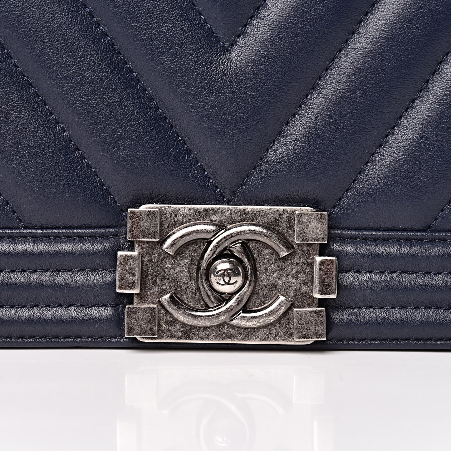 Calfskin Chevron Quilted New Medium Boy Flap Dark Navy Blue