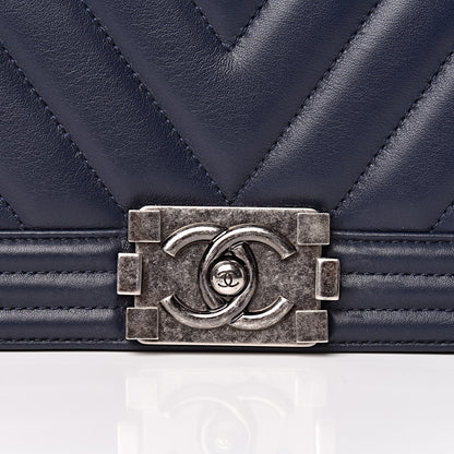 Chanel Calfskin Chevron Quilted New Medium Boy Flap Dark Navy Blue 8 of 10