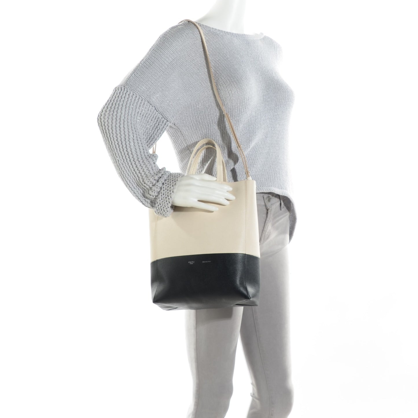 Grained Calfskin Small Vertical Bi-Cabas Cream Black