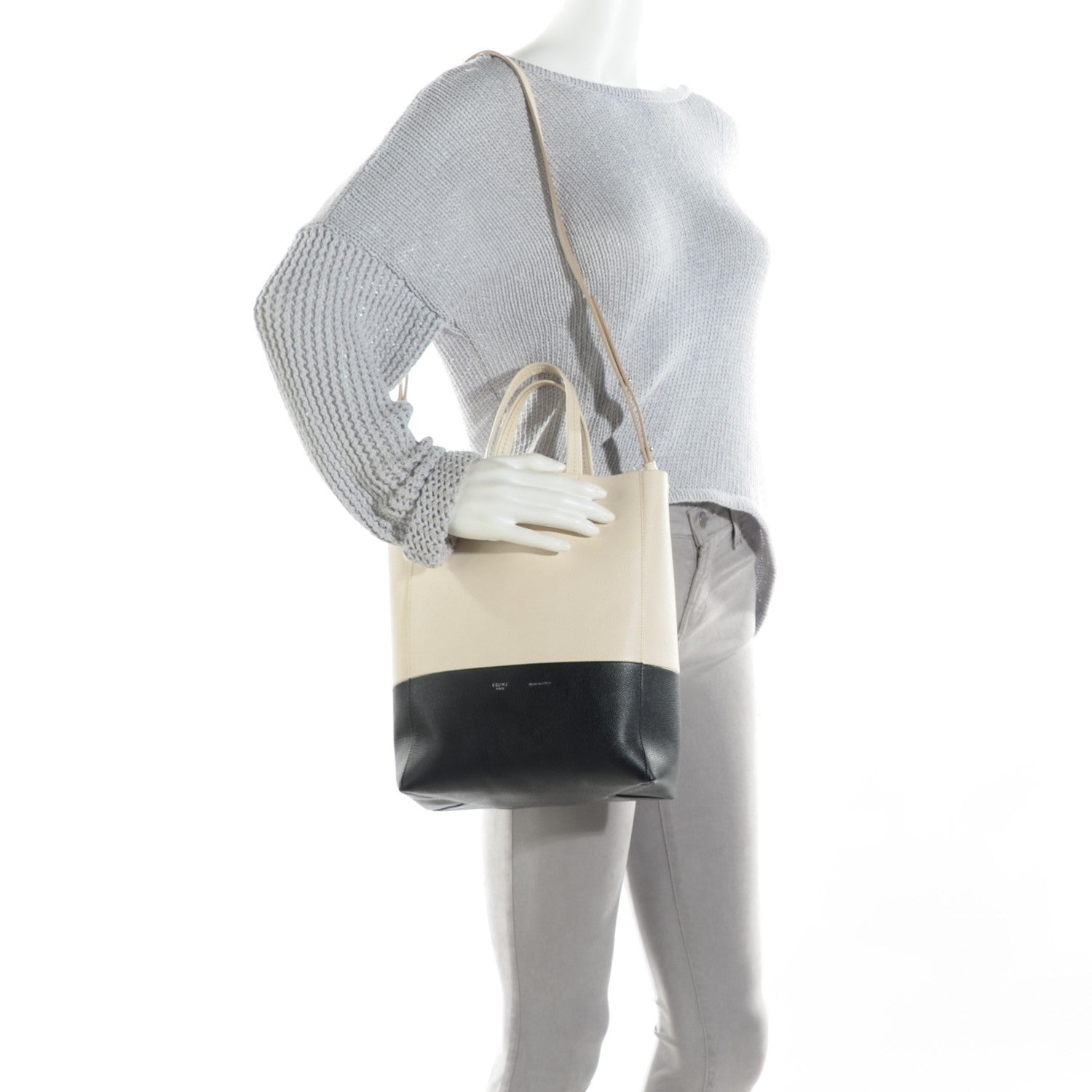 Celine Grained Calfskin Small Vertical Bi-Cabas Cream Black 2 of 7