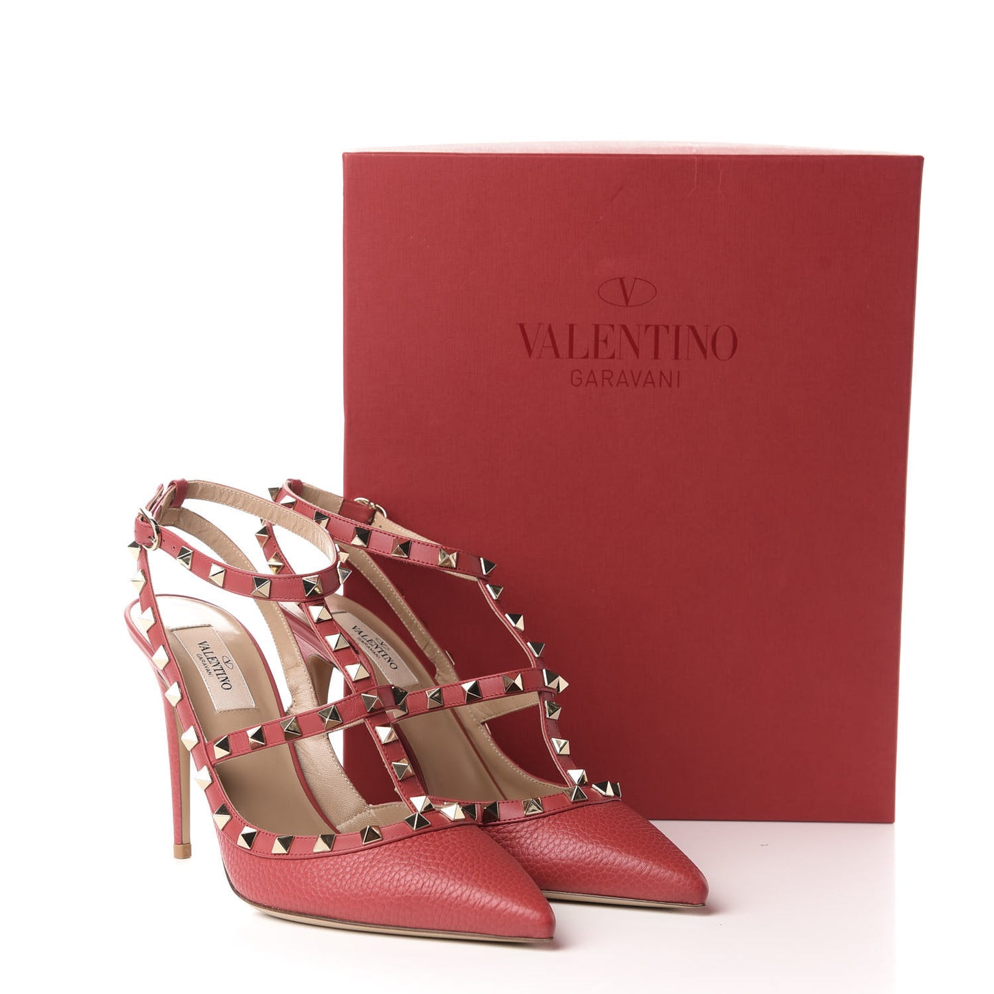 Pebbled Calfskin Rockstud Ankle Strap 100mm Pumps 39.5 Rock Pink
