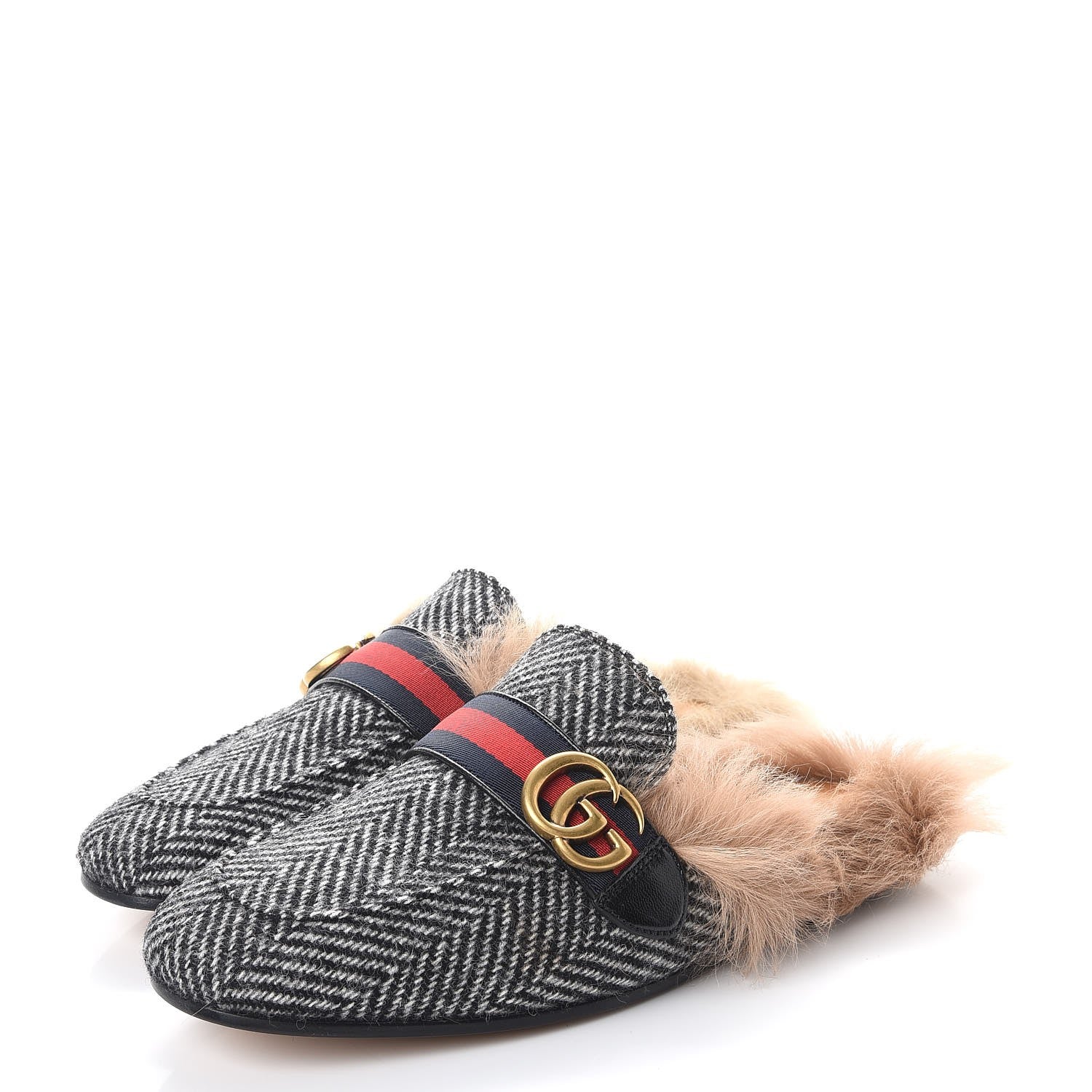 Gucci Herringbone Fur Web GG Mens Princetown Slippers 7 Black White 3 of 9