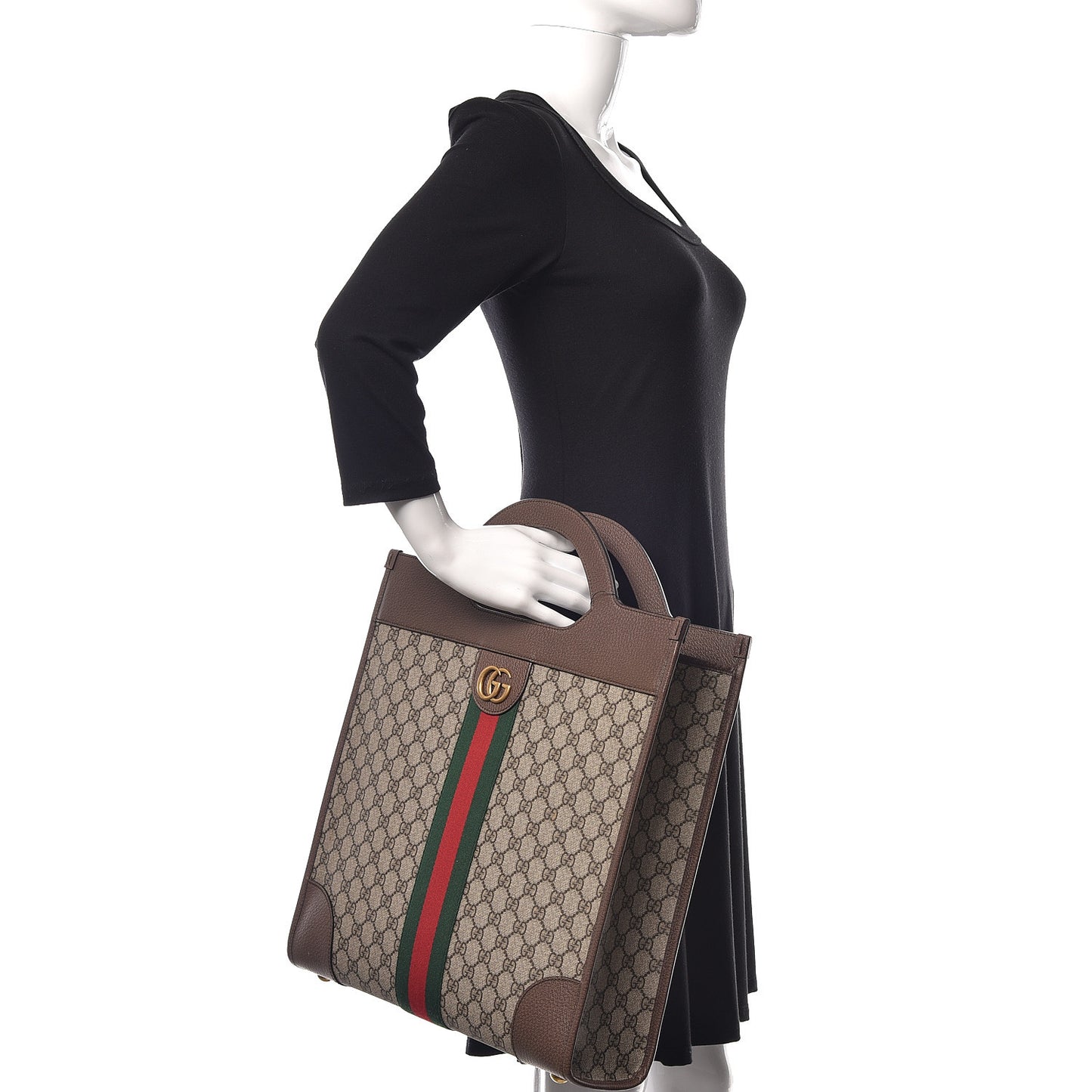 GG Supreme Monogram Textured Calfskin Web Medium Ophidia Slip Handle Tote Beige Ebony New Acero