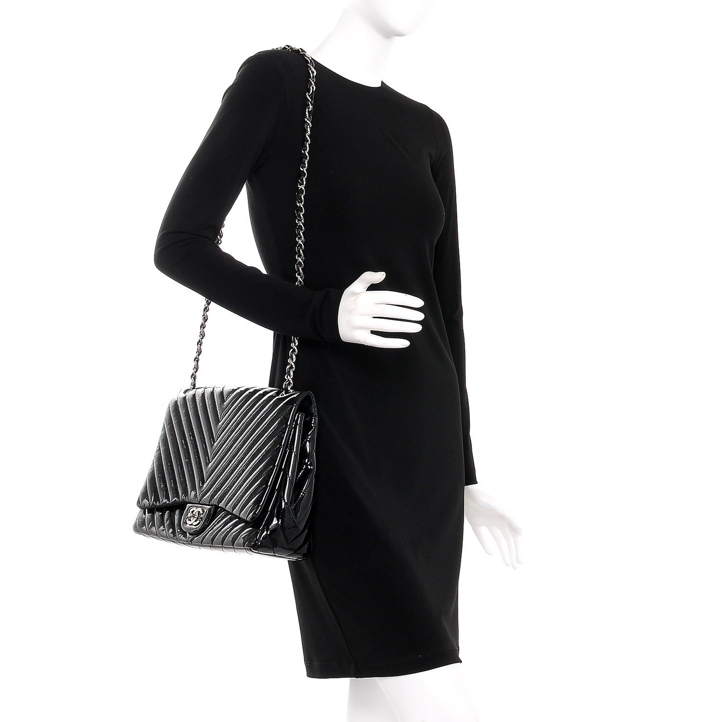 Patent Chevron Quilted Maxi Single Flap Black