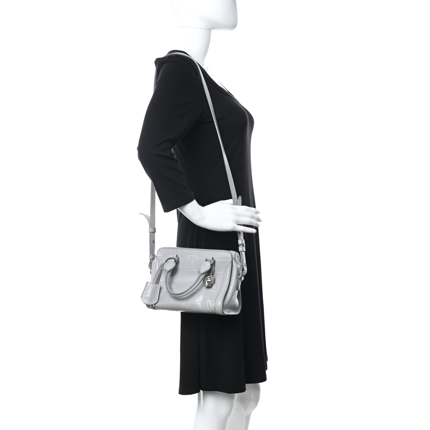 Calfskin Crocodile Embossed Mini Skull Padlock Zip Around Tote Grey