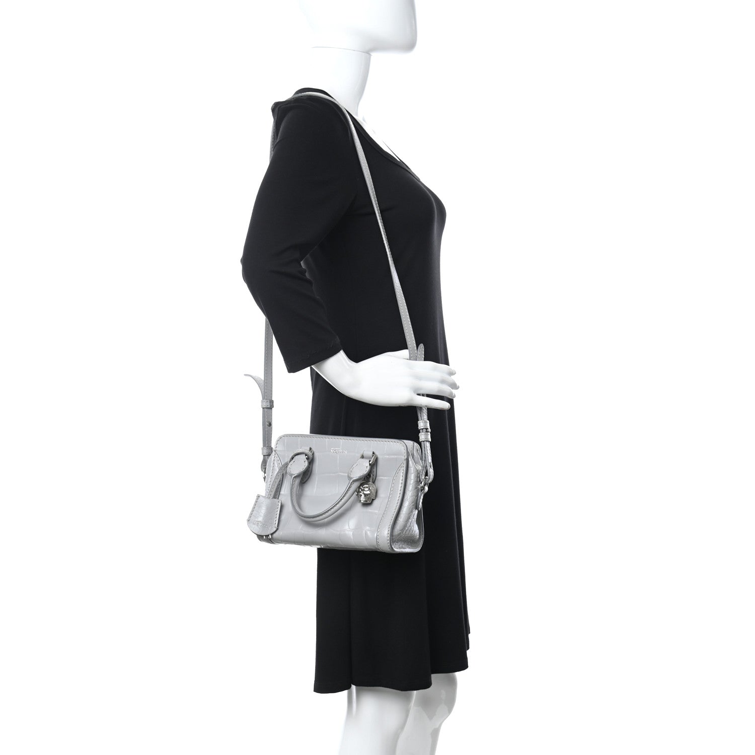 Alexander McQueen Calfskin Crocodile Embossed Mini Skull Padlock Zip Around Tote Grey 2 of 11