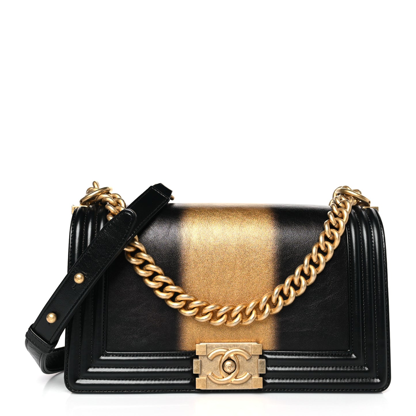 Metallic Glazed Calfskin Medium Boy Flap Black Gold