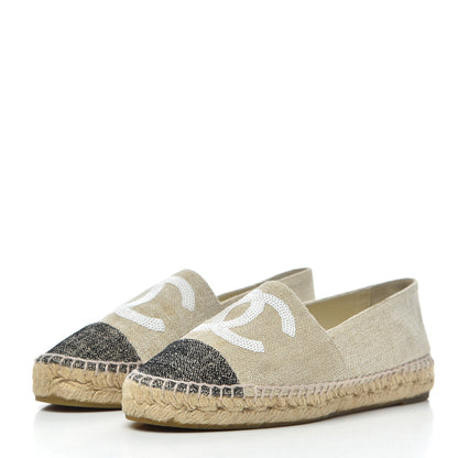 Chanel Toile Sequin CC Espadrilles 37 Beige Black 3 of 14