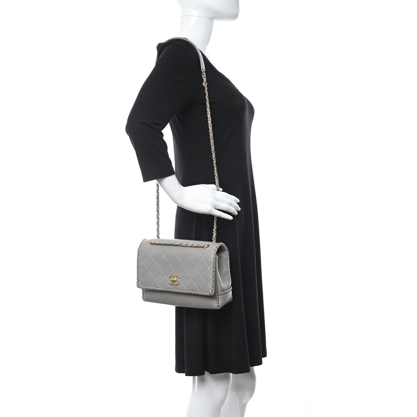 Calfskin Stitched Chain Flap Grey