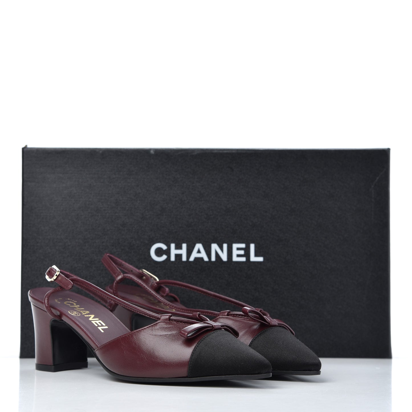 Lambskin Satin Slingback Cap Toe Bow Pumps 35.5 Burgundy Black